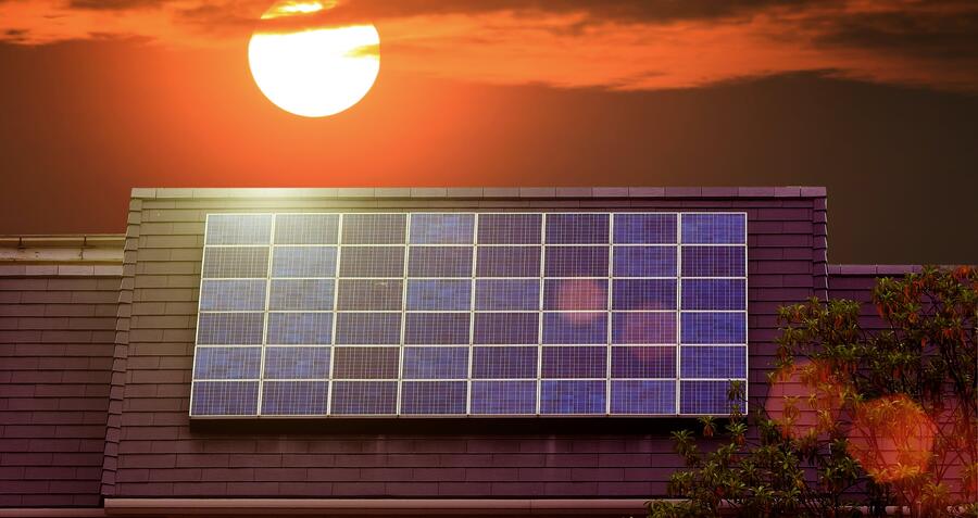 Solar panels on roof at twilight of an Australian home 