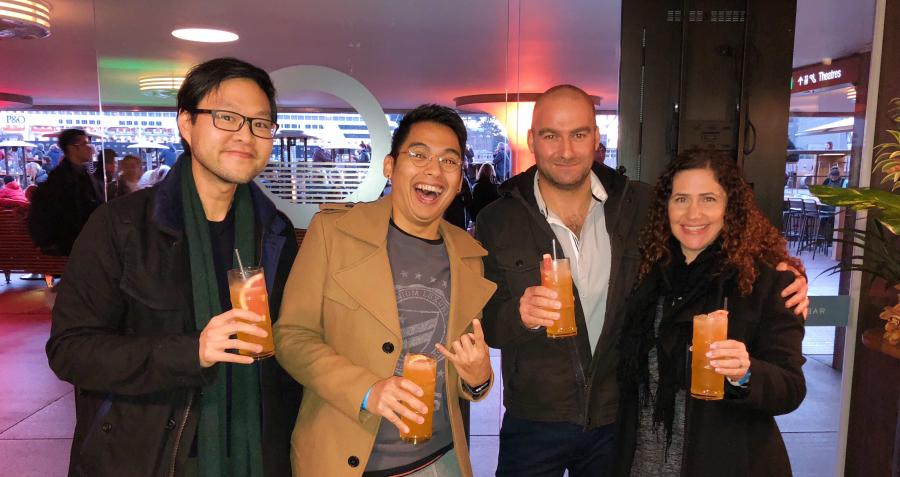 Four winners of the EnergyAustralia and Sydney Opera House backstage experience wait for the tour 