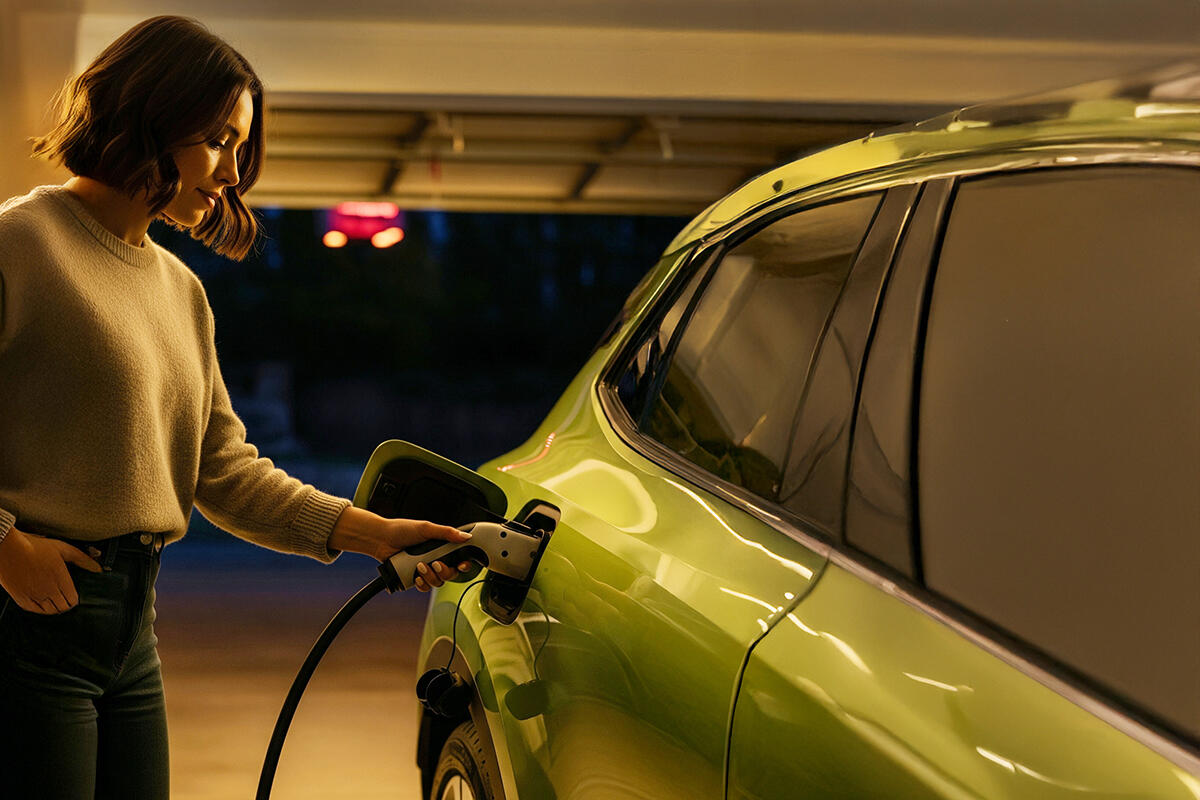 woman-charging-in-garage-at-night-wide
